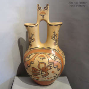 Bird, cloud, floral, rainbow and geometric design on a polychrome wedding vase