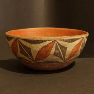 Geometric design on a large polychrome dough bowl