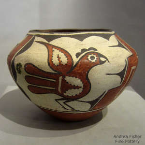 Bird, kiva step and geometric design on a polychrome jar