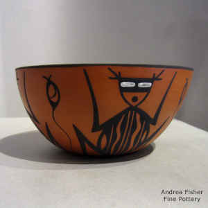 Polychrome bowl with dragonfly design inside, katsina and tadpole design outside