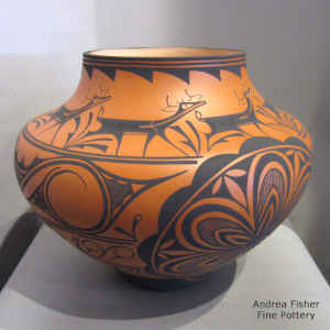 Rosette, rain bird, deer-with-heart-line and geometric design on a polychrome jar