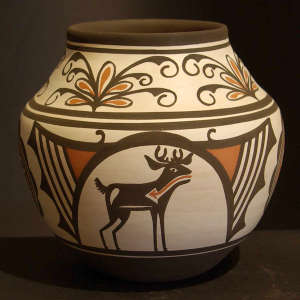 Deer, heart line, cloud, rainbow and geometric designs on a polychrome pot