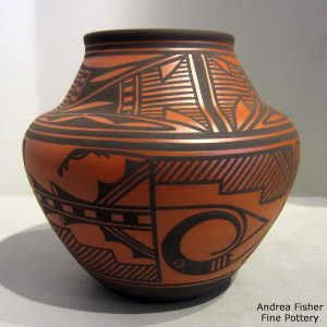 Rain, bird element, kiva step and geometric design on a black on red jar