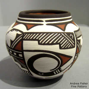 Rain, kiva step, bird element and geometric design on a polychrome jar