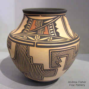 Rain, kiva step, bird element and geometric design on a polychrome jar